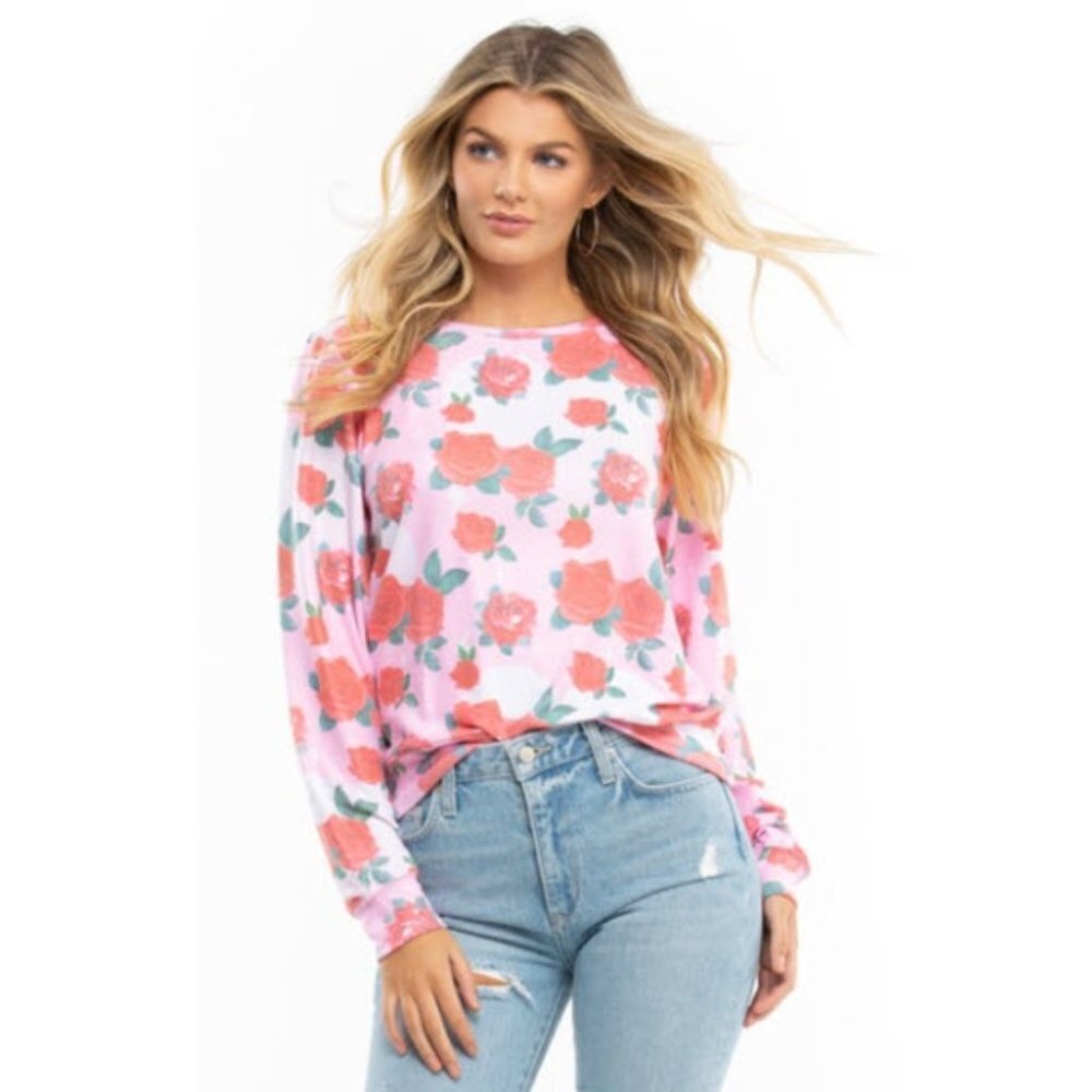Wildfox Electric Love Rose Print Sweatshirt Pink Red Size Medium NWT
